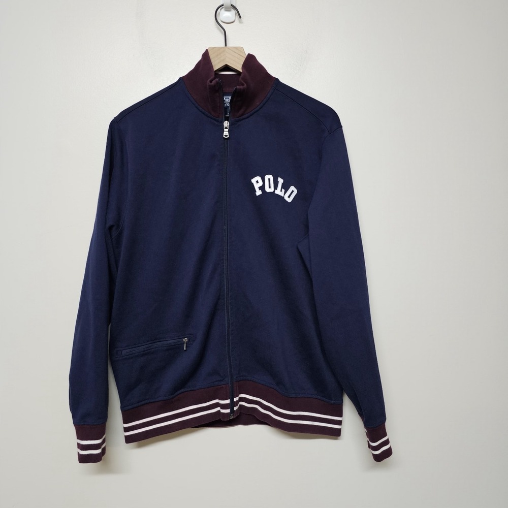 Vtg Polo‎ Ralph Lauren Men's M Navy Full Zip Track Jacket Burgundy Trim Logo
